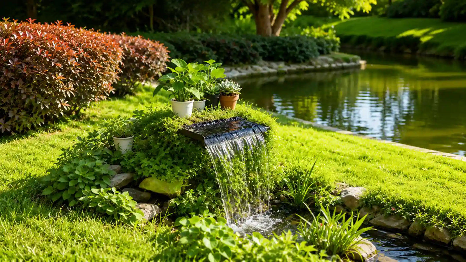 Compact solar power waterfall nestled among lush green plants and potted succulents, elegant landscape decoration for patio garden ponds.